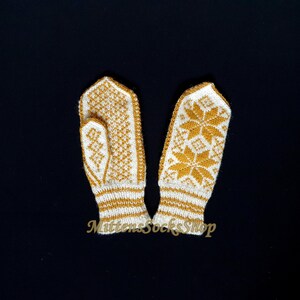 Hand Knit Nordic Wool Mittens: White & Mustard Scandinavian Gloves image 8