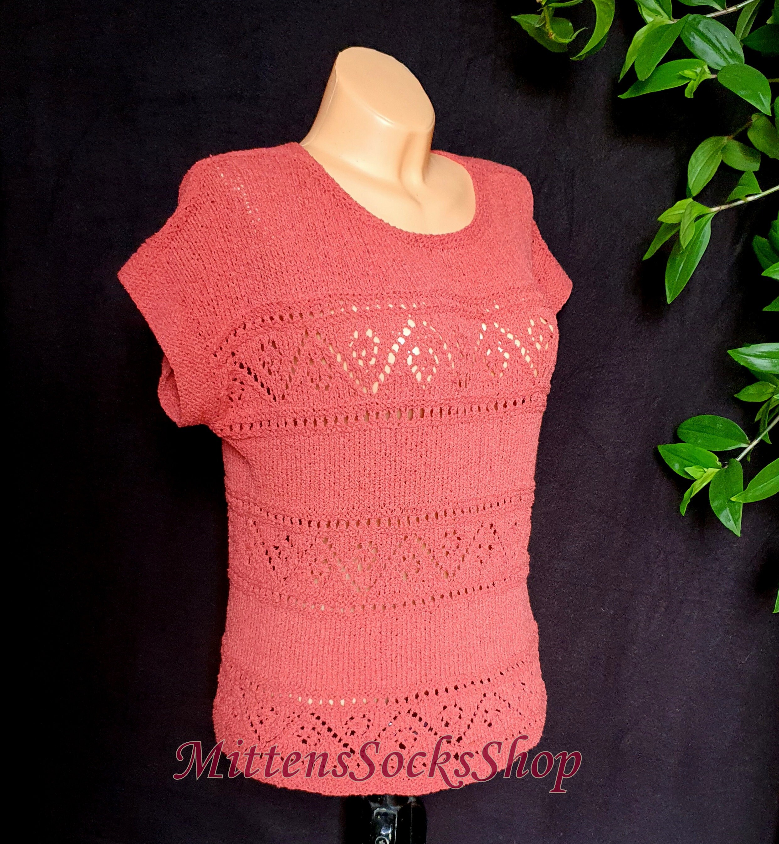 Hand Knit Lace Top, Cotton Lace Sweater, Salmon Pink Top, Knit Women