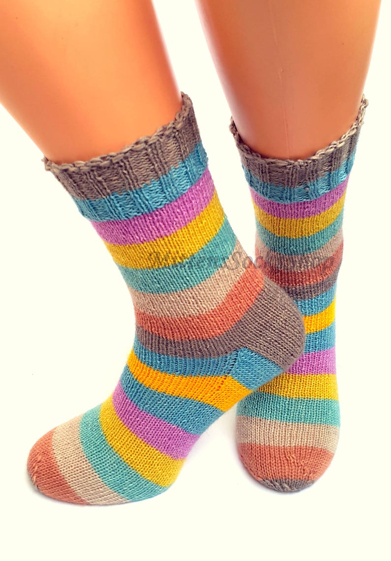 Pink Blue Yellow Beige Hand Knitted Socks Rainbow Women's | Etsy
