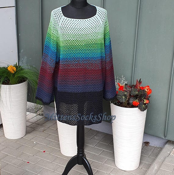 Multicolor Crochet Oversized Cotton Mesh Sweater, Tunic Style Loose Sweater With Long Sleeve, Handmade Jumper, Crochet Clothing Plus Size - Etsy Multicolor Crochet Oversized Cotton Mesh Sweater, Tunic Style Loose Sweater With Long Sleeve, Handmade Jumper, Crochet Clothing Plus Size - Etsy