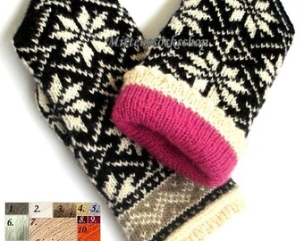 Double Mittens Hand Knitted White Black Double Mittens Wool Mittens with Lining Warm Gloves with Lining Winter Mittens Patterned Mittens