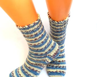 Blue White Striped Acrylic Socks: Hand knit Warm Winter Leg Warmers