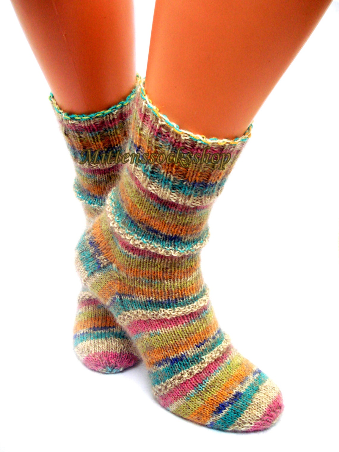 Hand Knitted Yellow Blue Pink Socks Warm Socks From Sock Yarn | Etsy