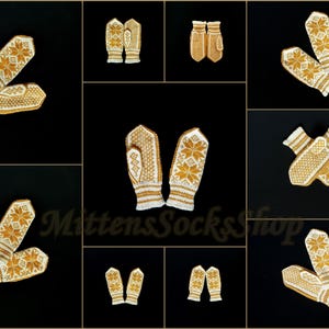 Hand Knit Nordic Wool Mittens: White & Mustard Scandinavian Gloves image 2