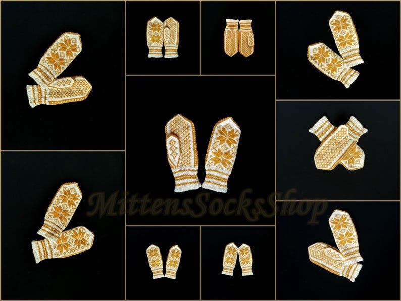 Hand Knit Nordic Wool Mittens: White & Mustard Scandinavian Gloves image 2