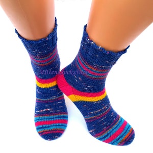 Hand Knit Blue Pink Yellow Socks, Colorful Socks, Stylish Womens Socks ...