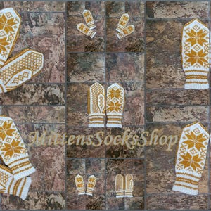 May include: A set of five pairs of knitted mittens in various sizes. The mittens are white with a gold snowflake pattern. The mittens are displayed on a tiled background.