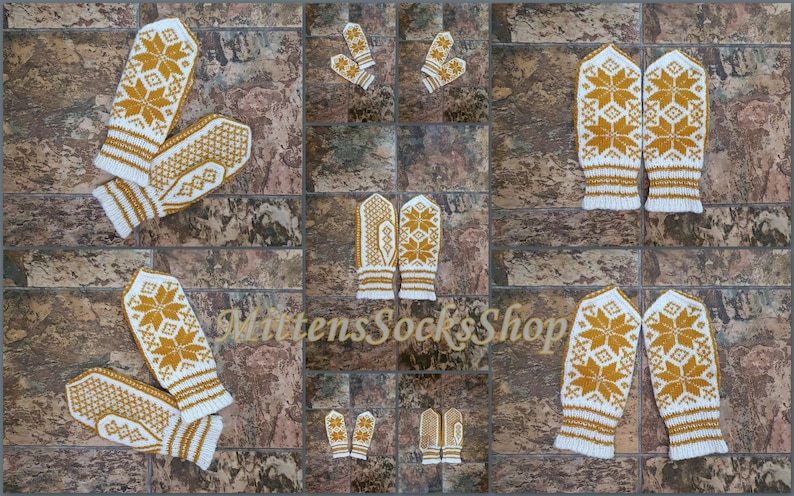 May include: A set of five pairs of knitted mittens in various sizes. The mittens are white with a gold snowflake pattern. The mittens are displayed on a tiled background.
