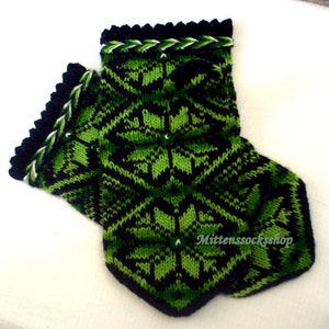 Green Black Knitted Mittens, Wool Mittens, Wool Gloves, Latvian Mittens, Scandinavian Mittens, Winter Gloves, Warm Mittens, Adult Mittens image 2
