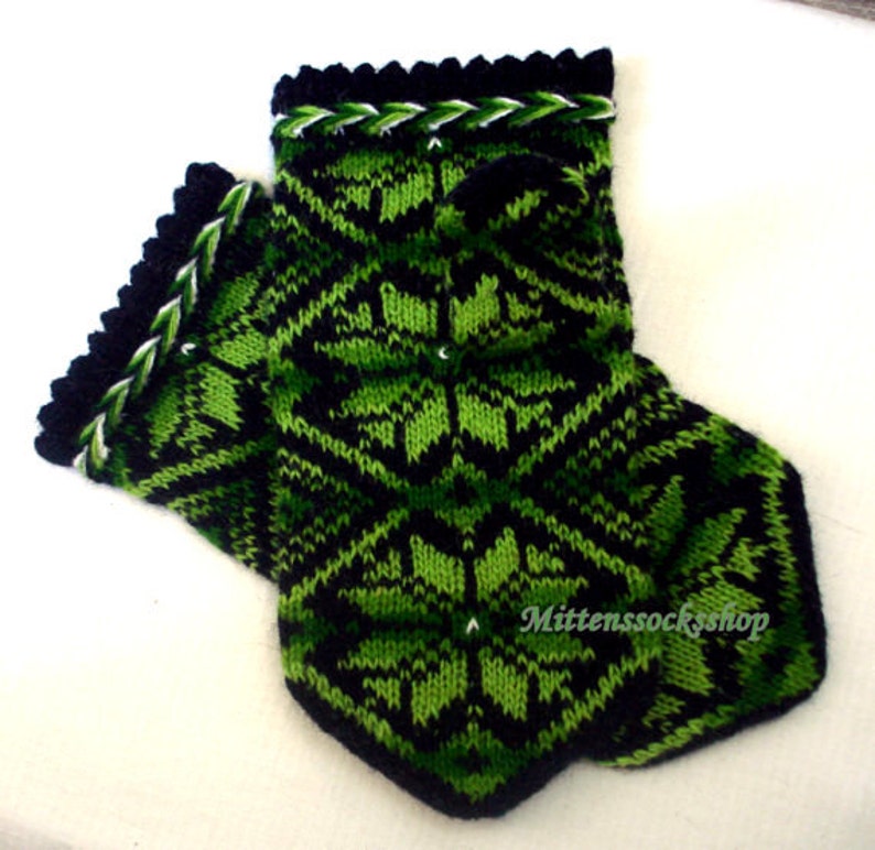 Green Black Knitted Mittens, Wool Mittens, Wool Gloves, Latvian Mittens, Scandinavian Mittens, Winter Gloves, Warm Mittens, Adult Mittens image 2