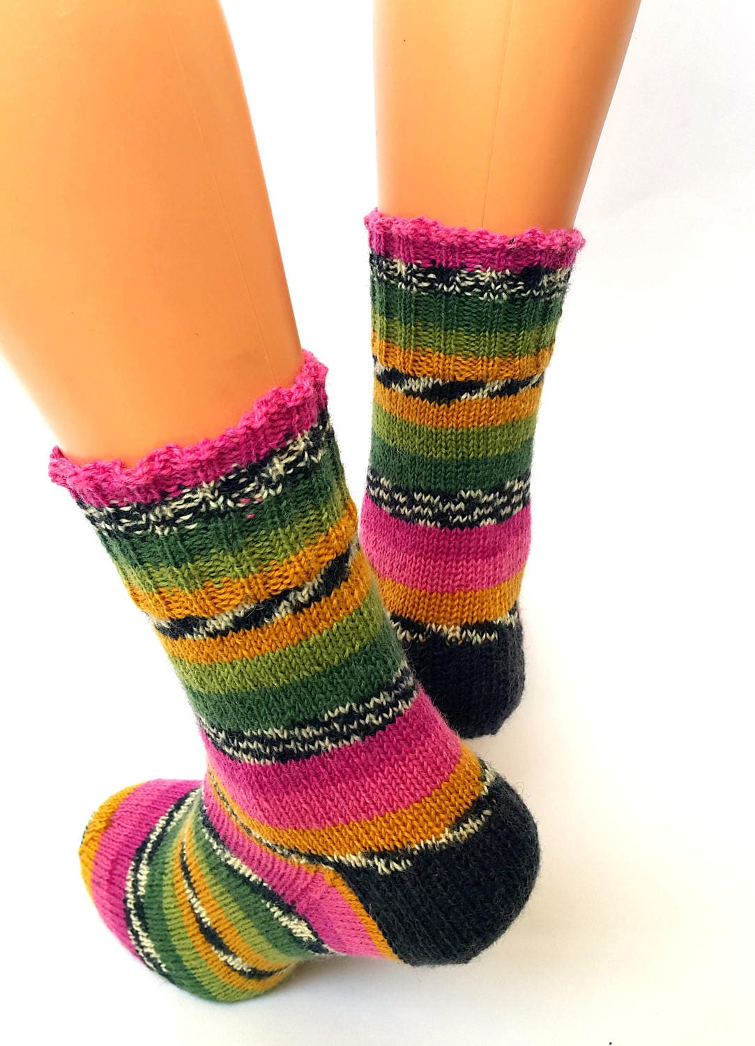 Pink Green Yellow Black Hand Knitted Socks Rainbow Socks - Etsy