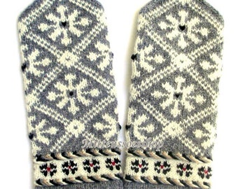 Gray White Hand Knit Mittens, Latvian Mittens, Wool Mittens, Knit Gray White Wool Gloves, Scandinavian Mittens, Adult Mittens, Winter Gloves