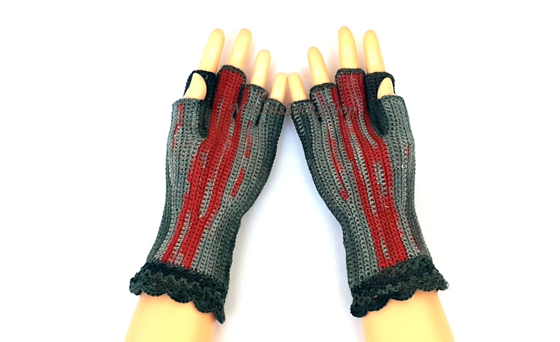 Gray Red Half Finger Gloves Women's Half Finger Gloves Etsy