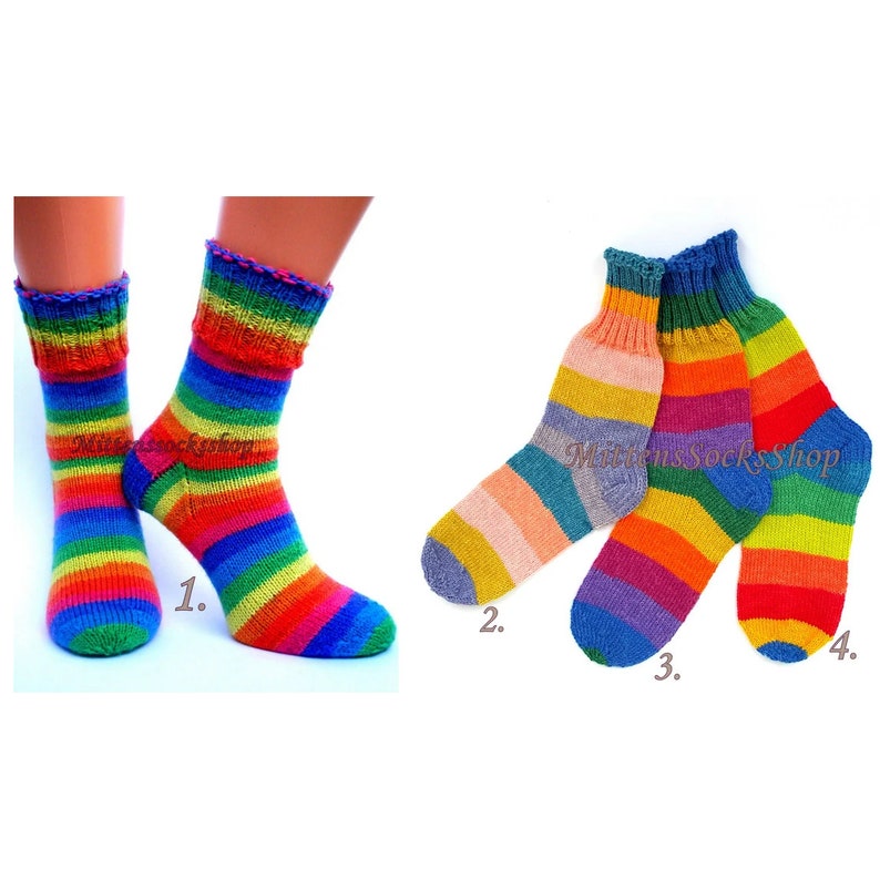 Hand Knit Rainbow Socks, Adult Socks, Warm Socks, Bright Socks, Colorful Striped Womens Socks, Winter Socks for Mens, Girls Socks, Gift idea image 1