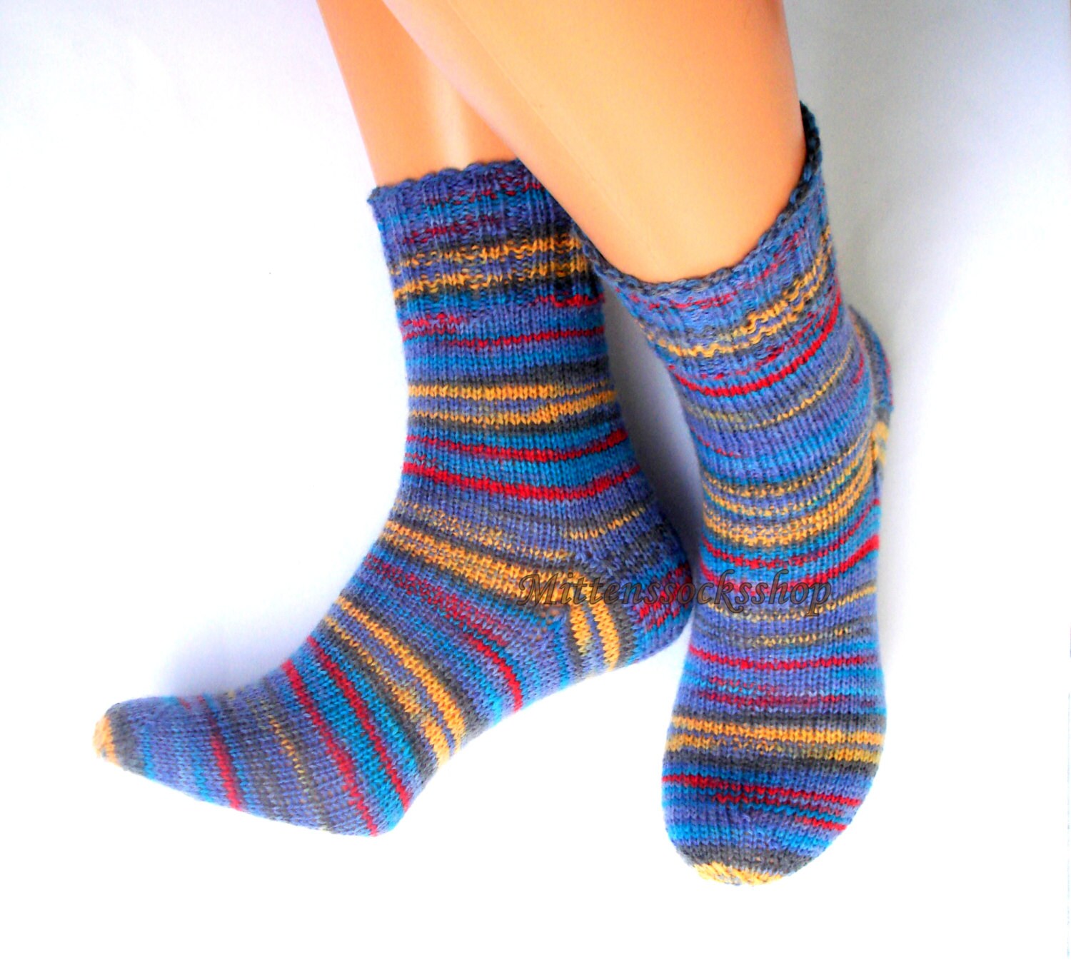 Blue Yellow Red Hand Knit Socks, Blue Yellow Red Striped Womens Socks