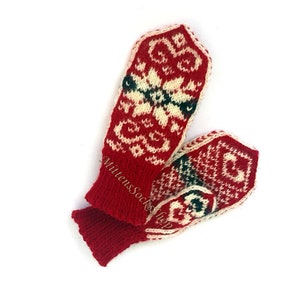 Hand Knit White Red Nordic Mittens, Norwegian Mittens, Hand Knit Wool ...
