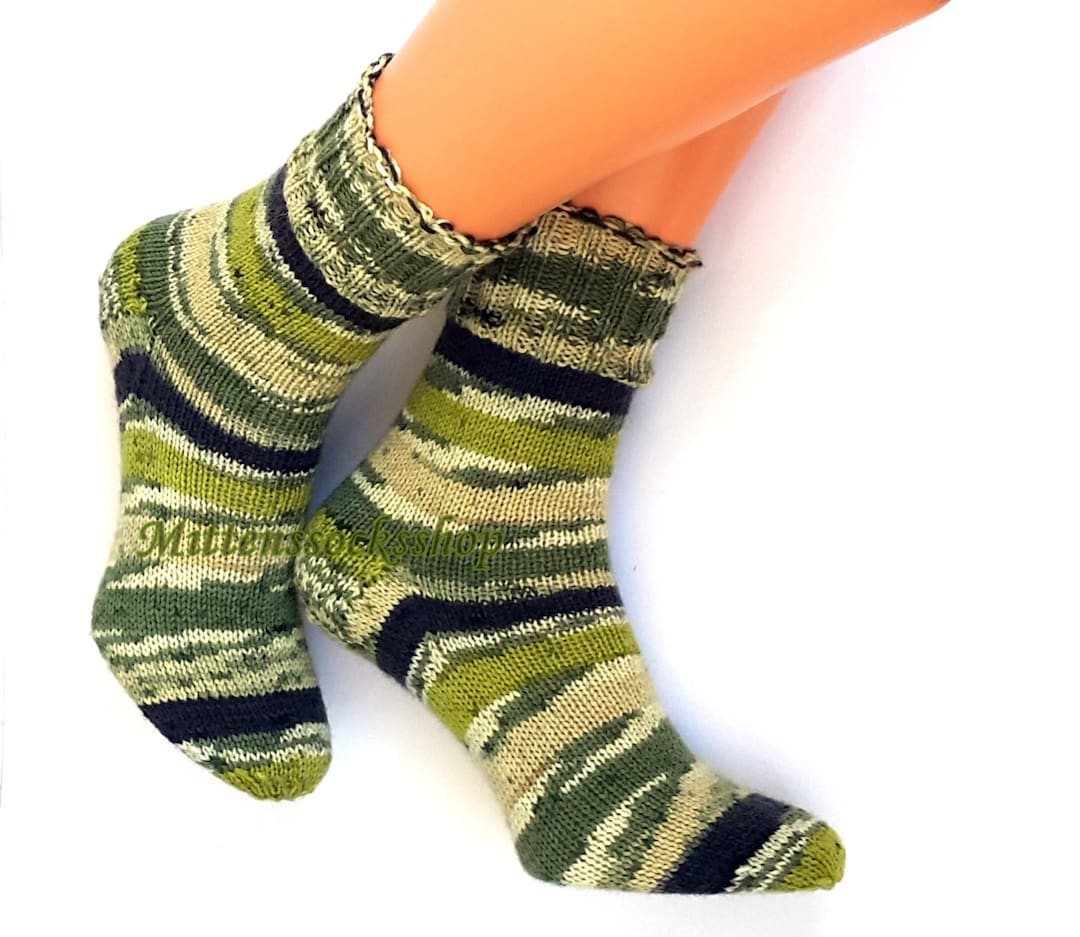Hand Knitted Green Black Socks, Wool Socks, Striped Green Socks, Colorful Warm Socks, Girls