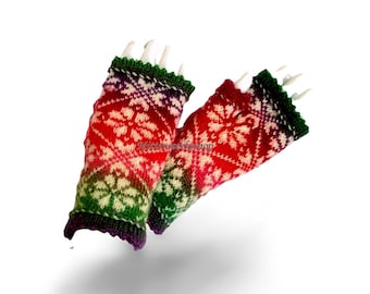 Handgestrickte wollweiße fingerlose Handschuhe: Rotgrün-Weiße Handstulpen
