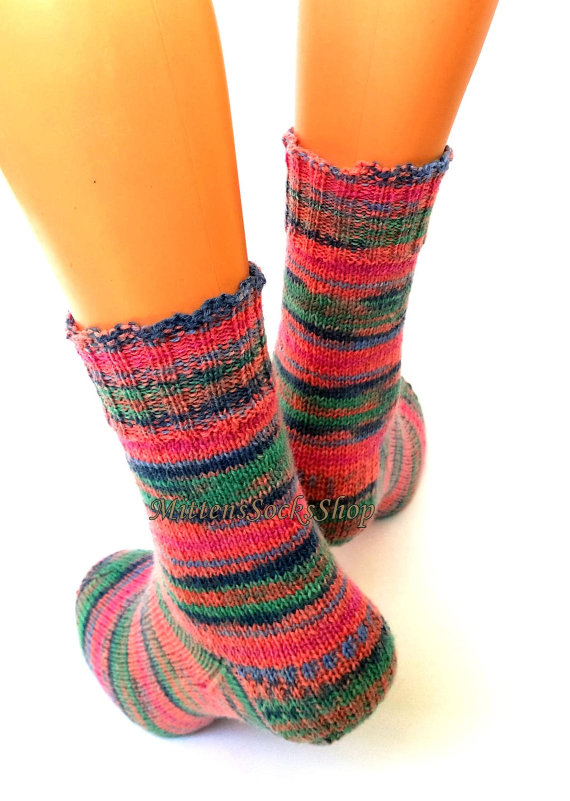 Pink Blue Green Hand Knitted socks Striped socks from sock Etsy