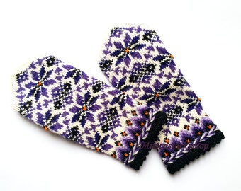 Hand Knit White Purple Mittens, Wool Mittens, Knit White Purple Wool Gloves, Winter Mittens, Winter Gloves, Unisex Mittens, Latvian Mittens