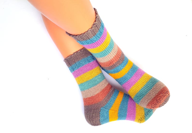 Pink Blue Yellow Beige Hand Knitted Socks Rainbow Women's | Etsy