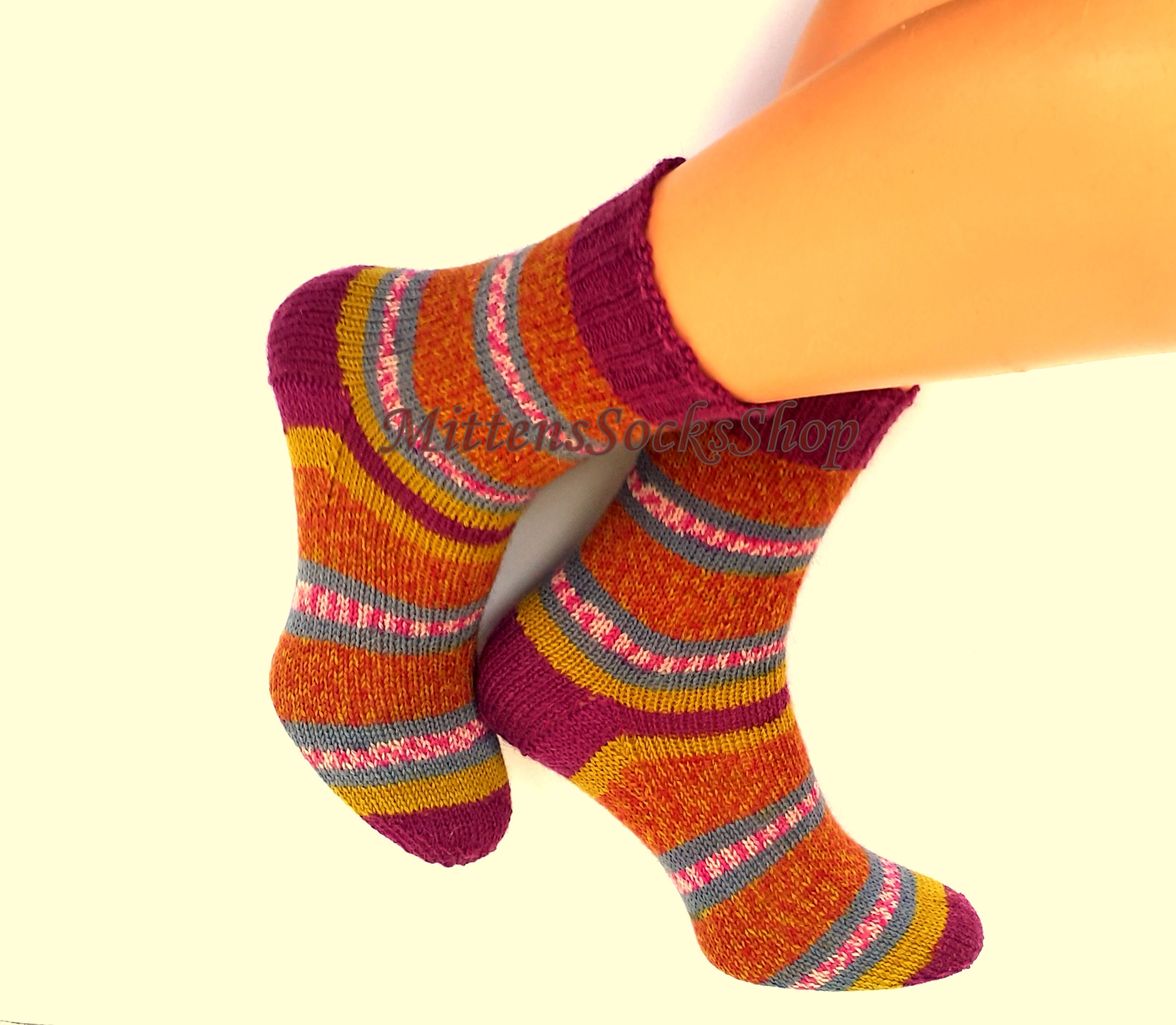 Hand Knit Red Yellow Socks, Striped Womens Socks, Stylish Girls Socks ...