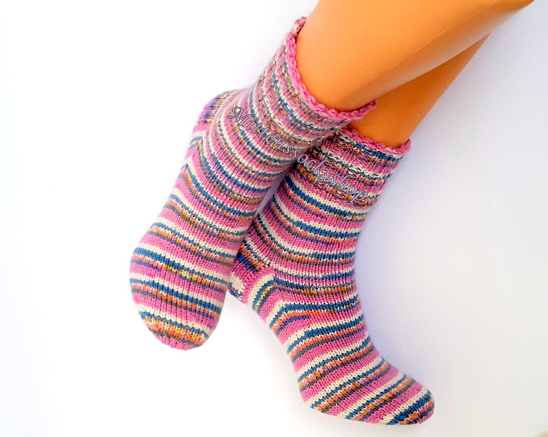 Pink Blue White Hand Knitted Socks, Pink Blue White Striped Socks, Pink