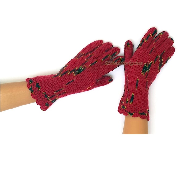 Red Black Gloves with Fingers, Womens Red Gloves, Crochet Gloves, Girls Finger Gloves, Fingerless Gloves, Wrist Warmers, Knitted Wool Gloves