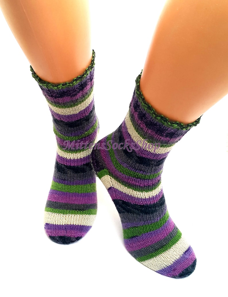 Purple Green Gray White Socks Hand Knitted Socks Striped - Etsy