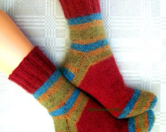 Hand Knit Socks, Cherry Red Blue Socks from Sock Yarn with Kid Mohair, Womens Socks, Girls Socks, Mohair Socks, Sleeping Socks, Wool Socks