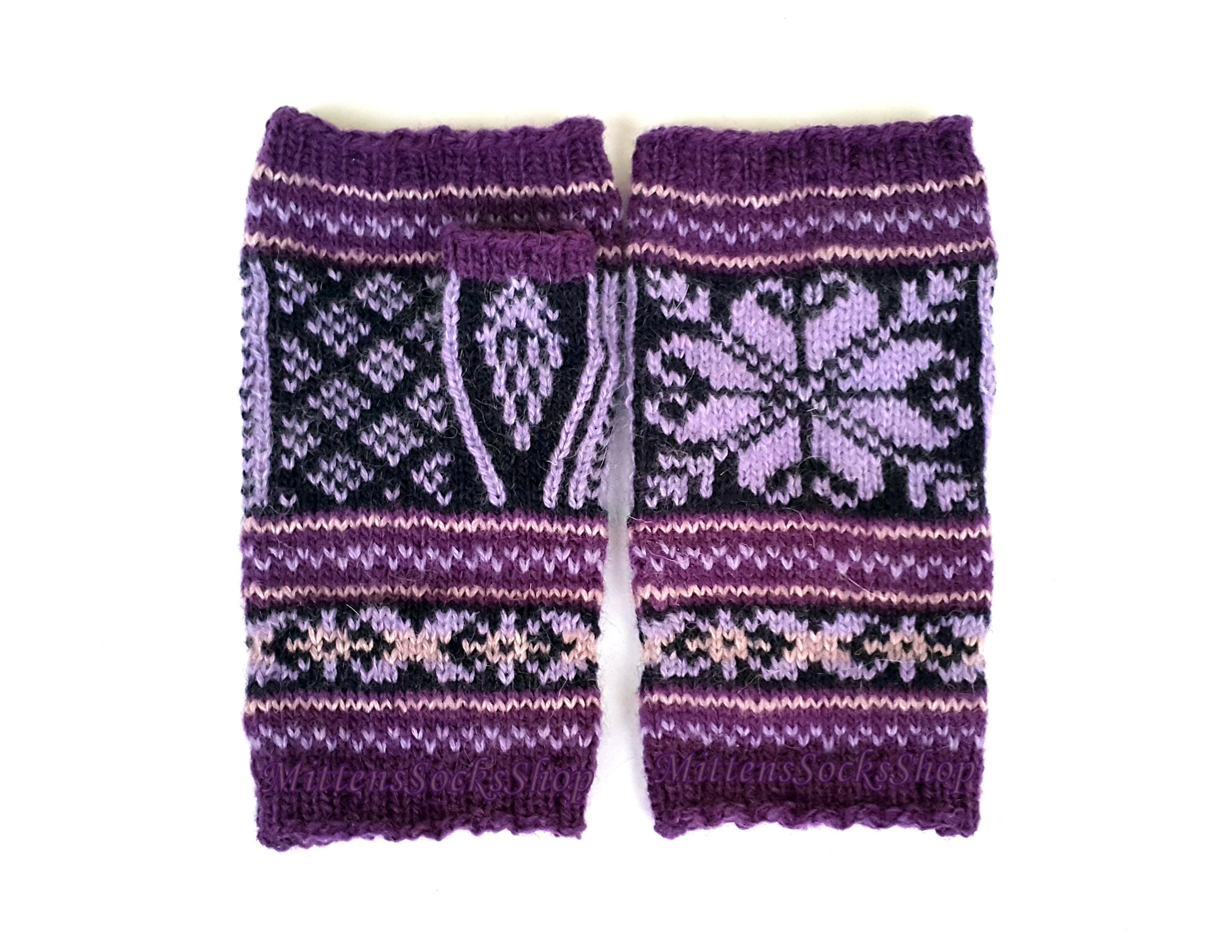 Fingerless Gloves Hand Knit Purple Black Fingerless Gloves | Etsy