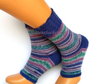 Hand Knitted Yoga Socks with Heel: Blue Lilac Green Striped Socks