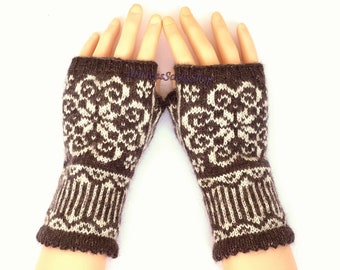 Fingerless Gloves, Brown White Hand Knit Fingerless Gloves, Nordic Fingerless Gloves, Wool Nordic Mittens, Texting Gloves, Driving Gloves