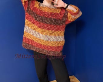 Hand Knitted Mohair Oversized Sweater: Striped Sheer Pullover