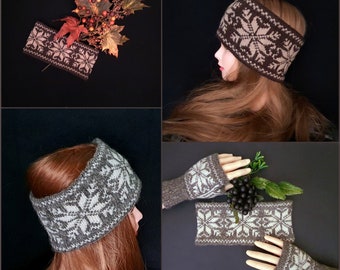 Hand knit Snowflake Headband, Knit Ear Warmer, Ski Headband, Fair Isle Headband, Nordic Headband, Knit Wool Headband, Warm Winter Headband