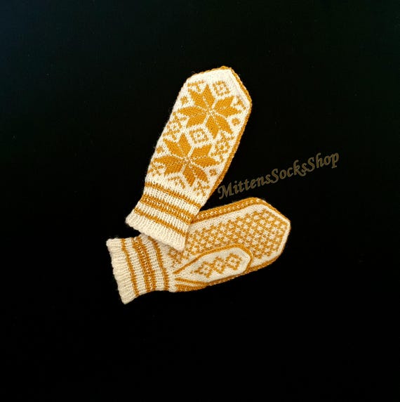 Hand Knit Nordic Wool Mittens: White & Mustard Scandinavian Gloves