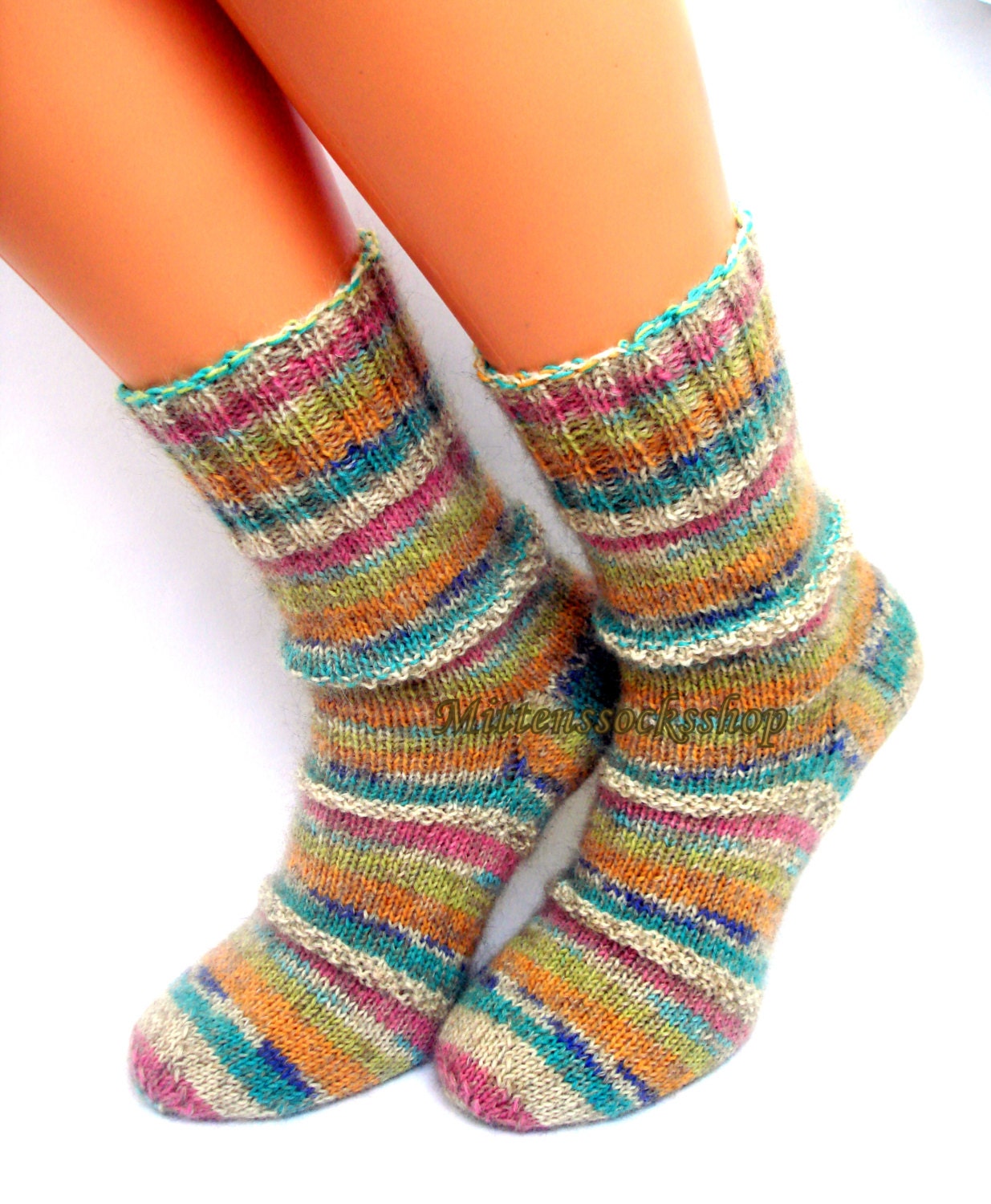 Hand Knitted Yellow Blue Pink Socks Warm Socks from Sock Yarn | Etsy
