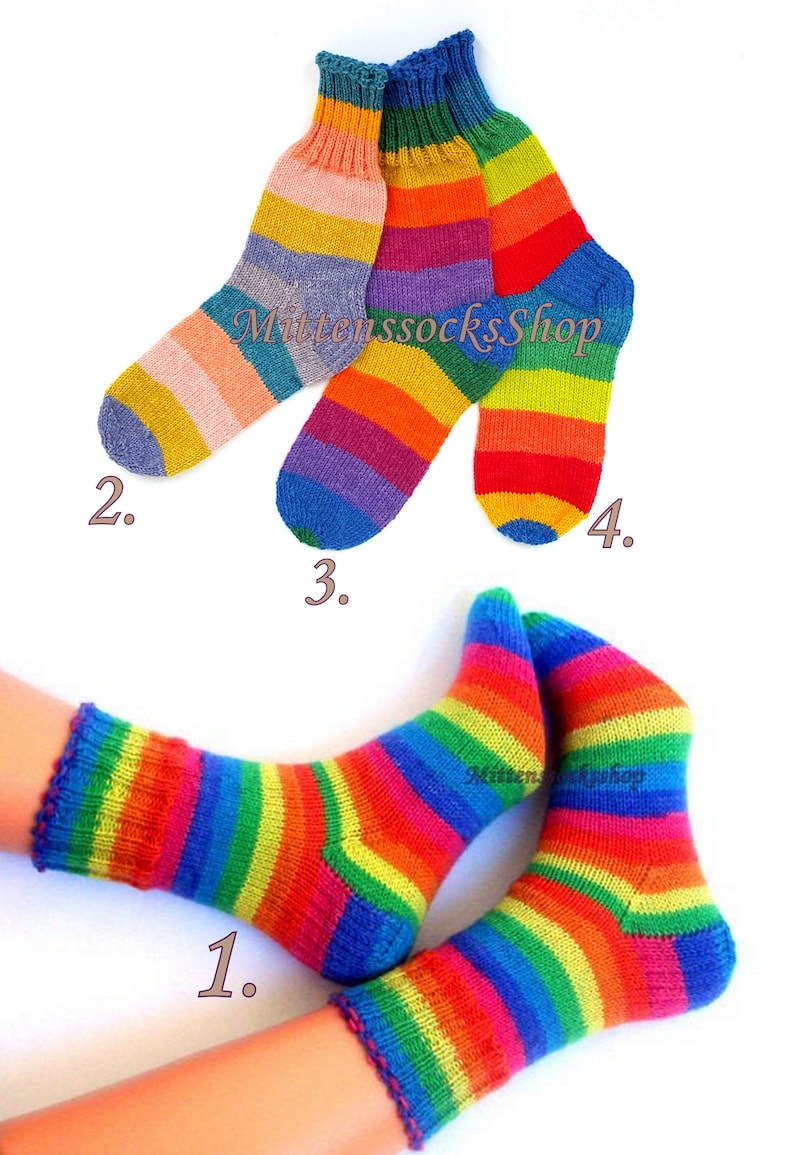 Hand Knit Rainbow Socks, Adult Socks, Warm Socks, Bright Socks, Colorful Striped Womens Socks, Winter Socks for Mens, Girls Socks, Gift idea image 2