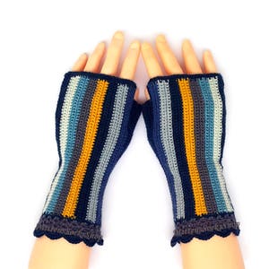 Fingerless Gloves, Blue Gray Yellow Fingerless Gloves, Crochet Fingerless Gloves, Hand Warmers, Wrist Warmers, Arm Warmers, Driving Gloves