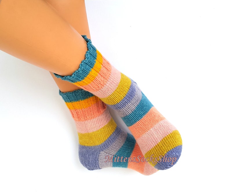 Hand Knit Rainbow Socks, Adult Socks, Warm Socks, Bright Socks, Colorful Striped Womens Socks, Winter Socks for Mens, Girls Socks, Gift idea image 8