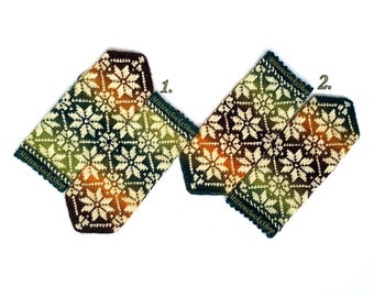 Hand Knit Latvian Wool Mittens: Green Brown Snowflake Gloves