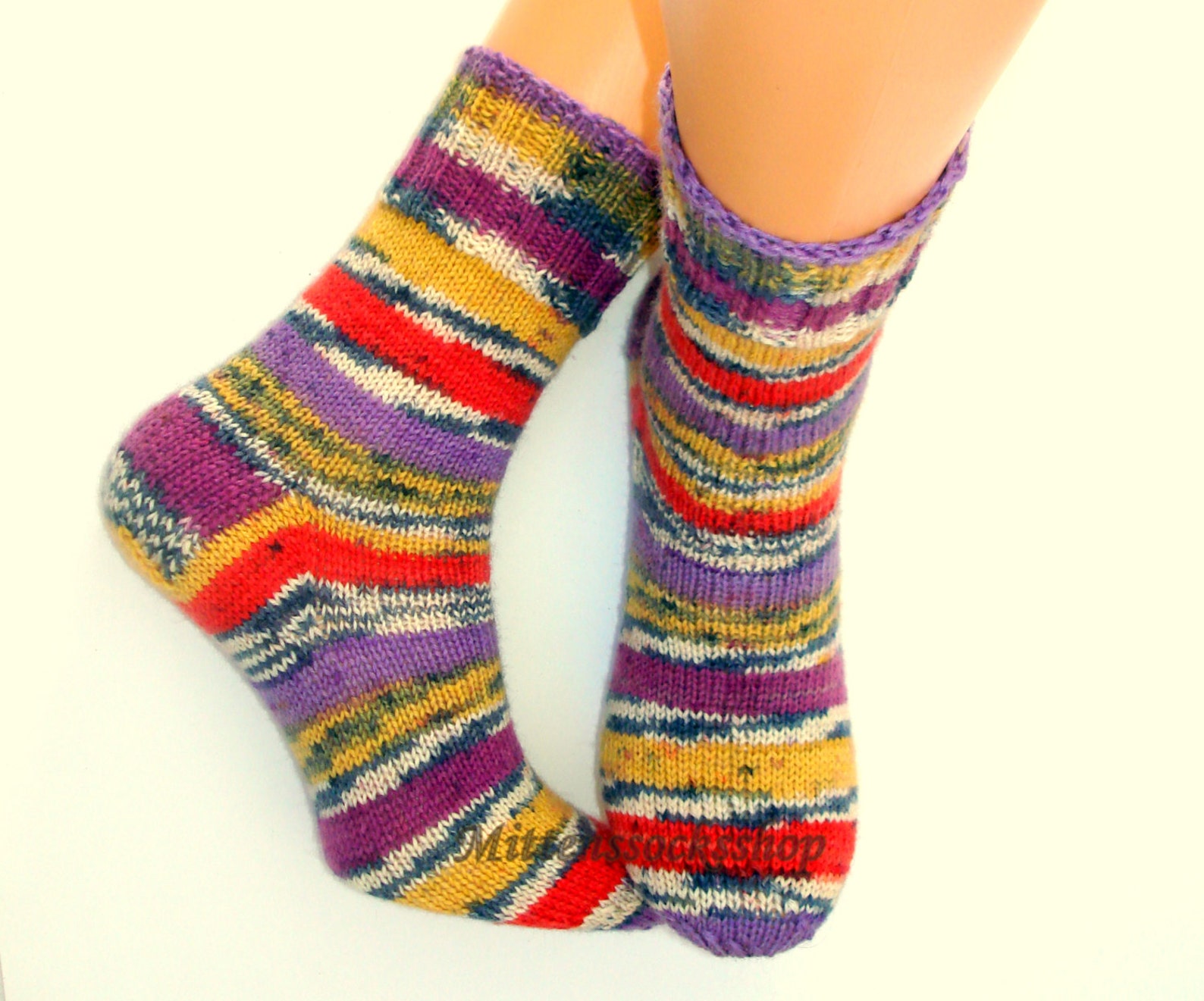 Purple Red Yellow Socks, Hand Knitted Socks, Striped Socks, Womens