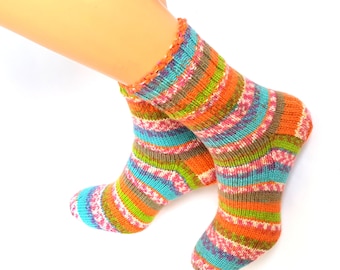 Orange Blue Socks, Hand Knitted Socks, Womens Socks, Girls Socks, Mens Socks, Athletic Socks, Winter Socks, Warm Socks Gift idea