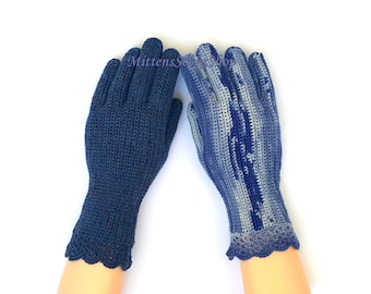 Blue Gloves with Fingers, Womens Gloves with Fingers, Blue Gloves, Crochet Finger Gloves, Fingerless Gloves, Knit Wool Gloves, Wrist Warmers