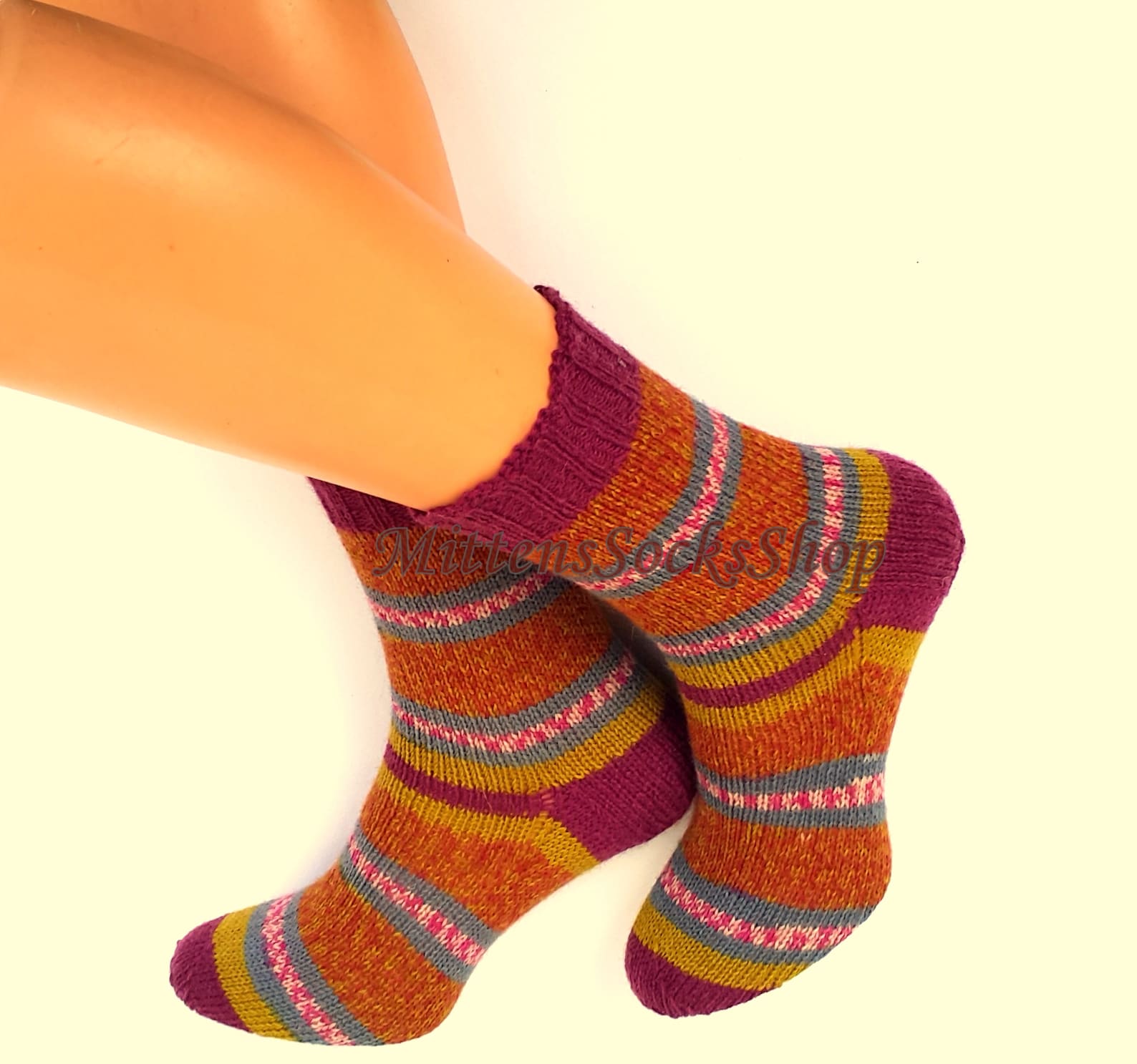 Hand Knit Red Yellow Socks Striped Women's Socks Stylish - Etsy