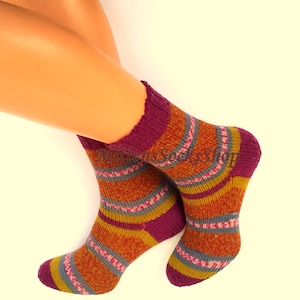Hand Knit Red Yellow Socks, Striped Womens Socks, Stylish Girls Socks ...