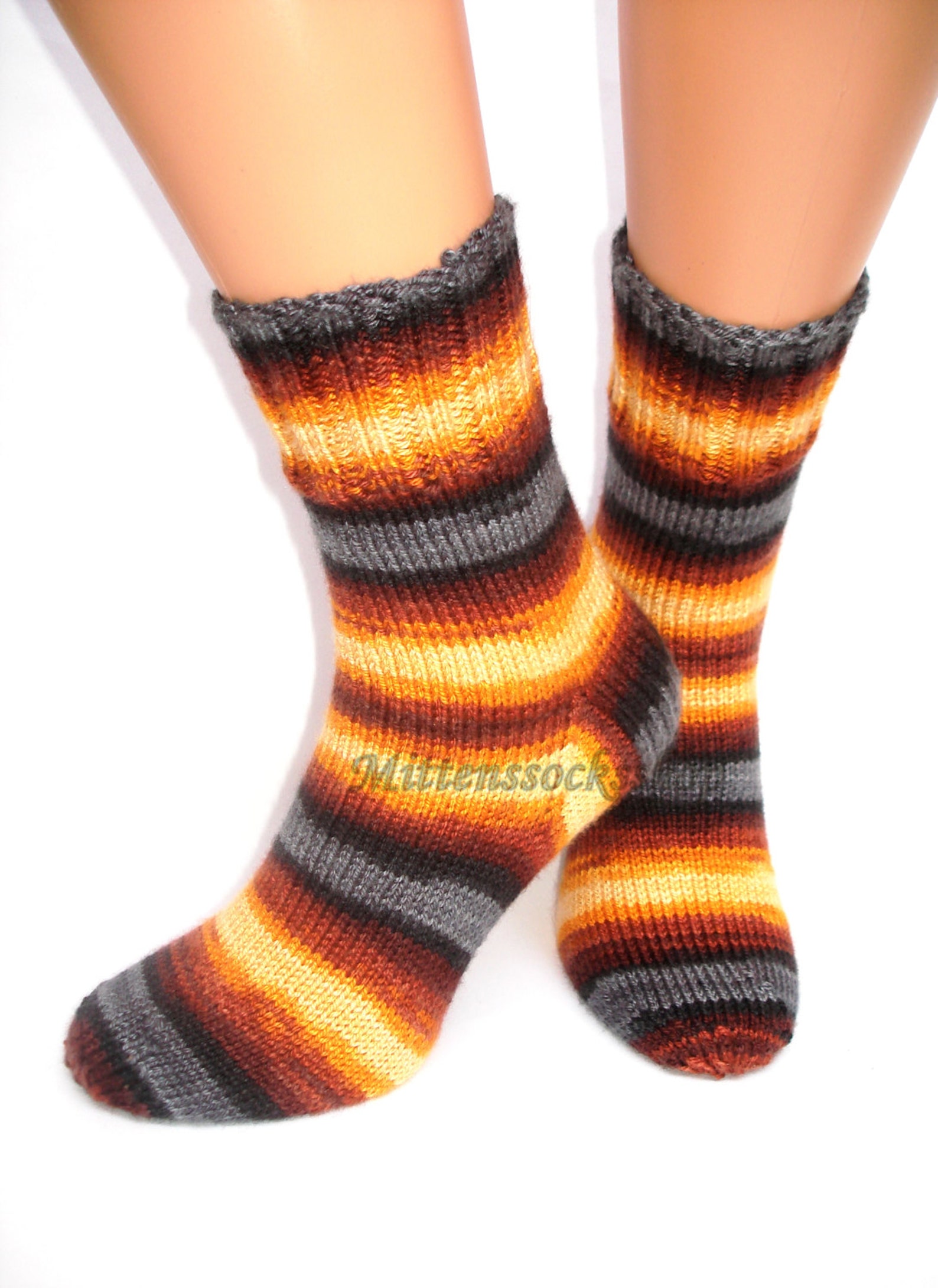 Hand Knitted Yellow Gray Brown Socks, Womens Socks, Warm Socks, Mens ...