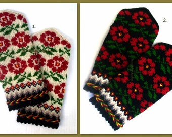 Hand Knitted Red Green White Black Wool Mittens Hand Knitted Red White Black Wool Gloves Winter Gloves Patterned Latvian Mittens Wool Gloves