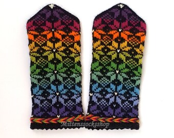 Rainbow Mittens, Hand Knit Wool Mittens, Latvian Mittens, Rainbow Gloves, Hand Knit Gloves, Unisex Mittens, Wool Gloves, Winter Gloves