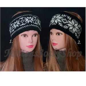 Fascia per capelli nera e bianca, fascia per capelli con fiocco di neve, fascia per capelli Fair Isle, fascia per capelli scandinava lavorata a maglia, fascia invernale, scaldaorecchie lavorato a maglia, fascia per capelli da sci